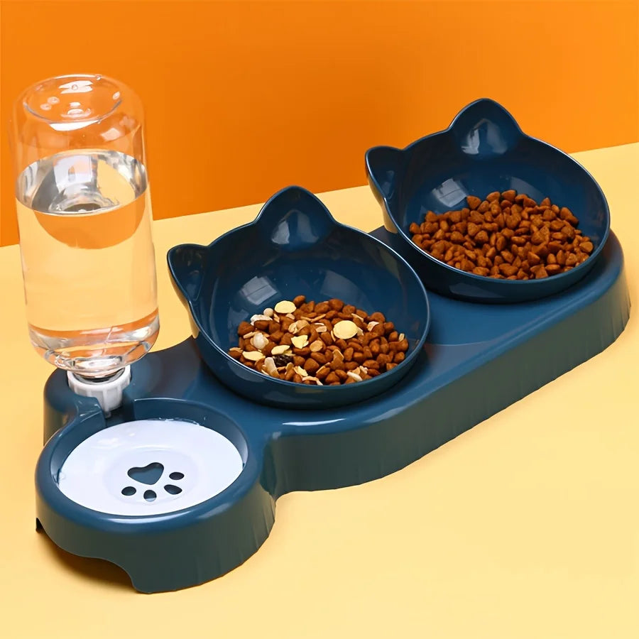 Tigelas de estimação com alimentador de água 3 em 1, design da orelha, tigela de água e comida de gato inclinada