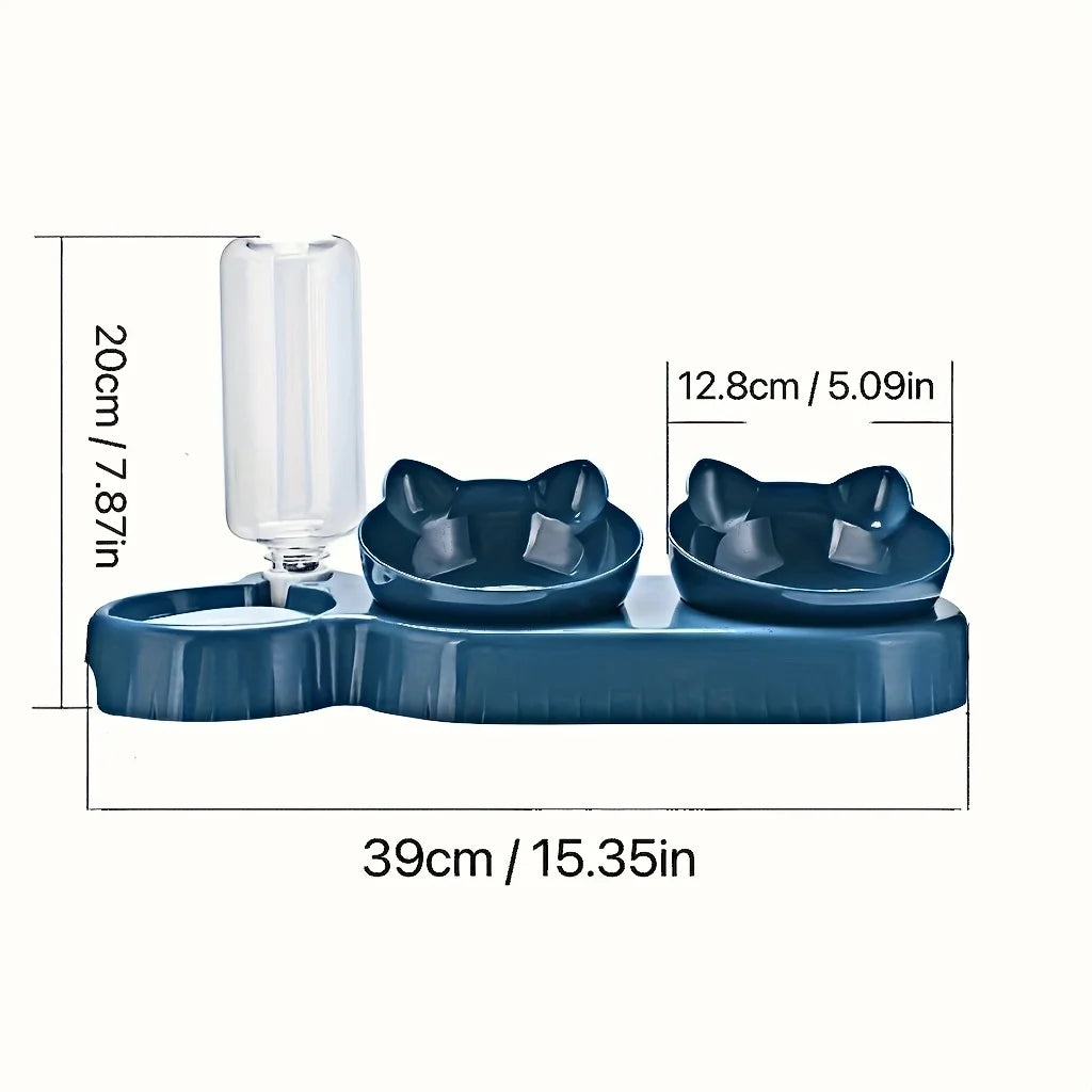 Tigelas de estimação com alimentador de água 3 em 1, design da orelha, tigela de água e comida de gato inclinada